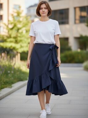 LOFT Navy Asymmetrical Ruffle Wrap Skirt